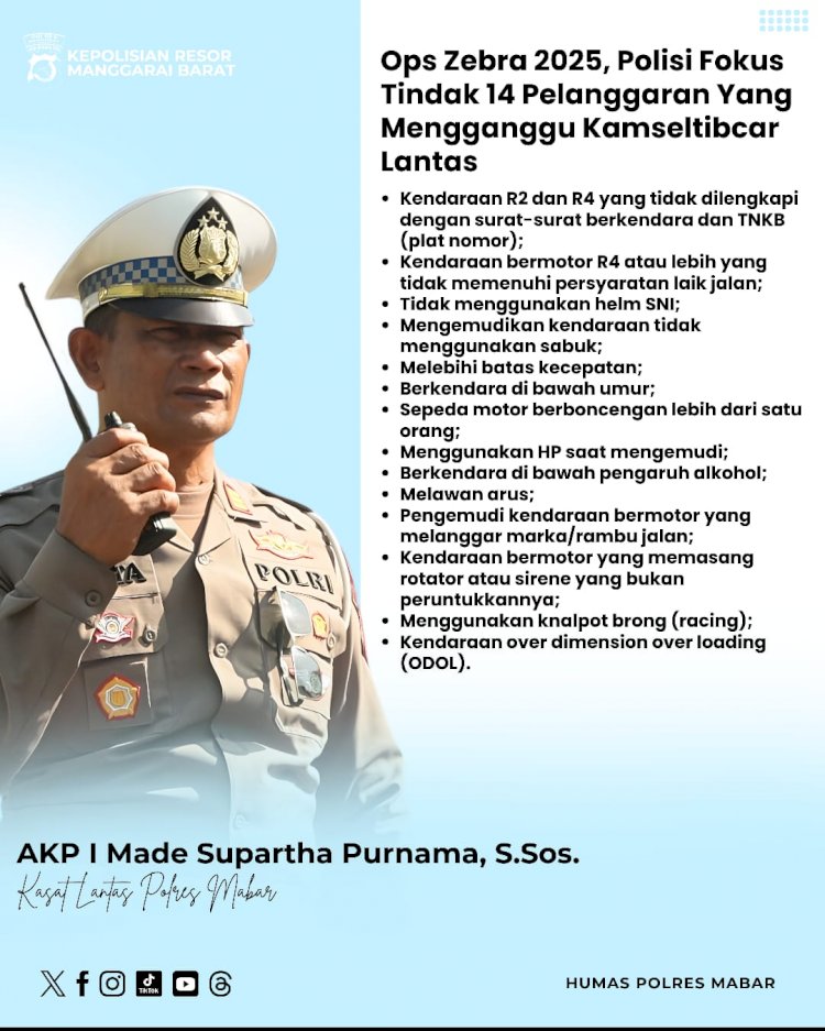 Ops Zebra 2025, Polisi Fokus Tindak 14 Pelanggaran Yang Mengganggu Kamseltibcar Lantas