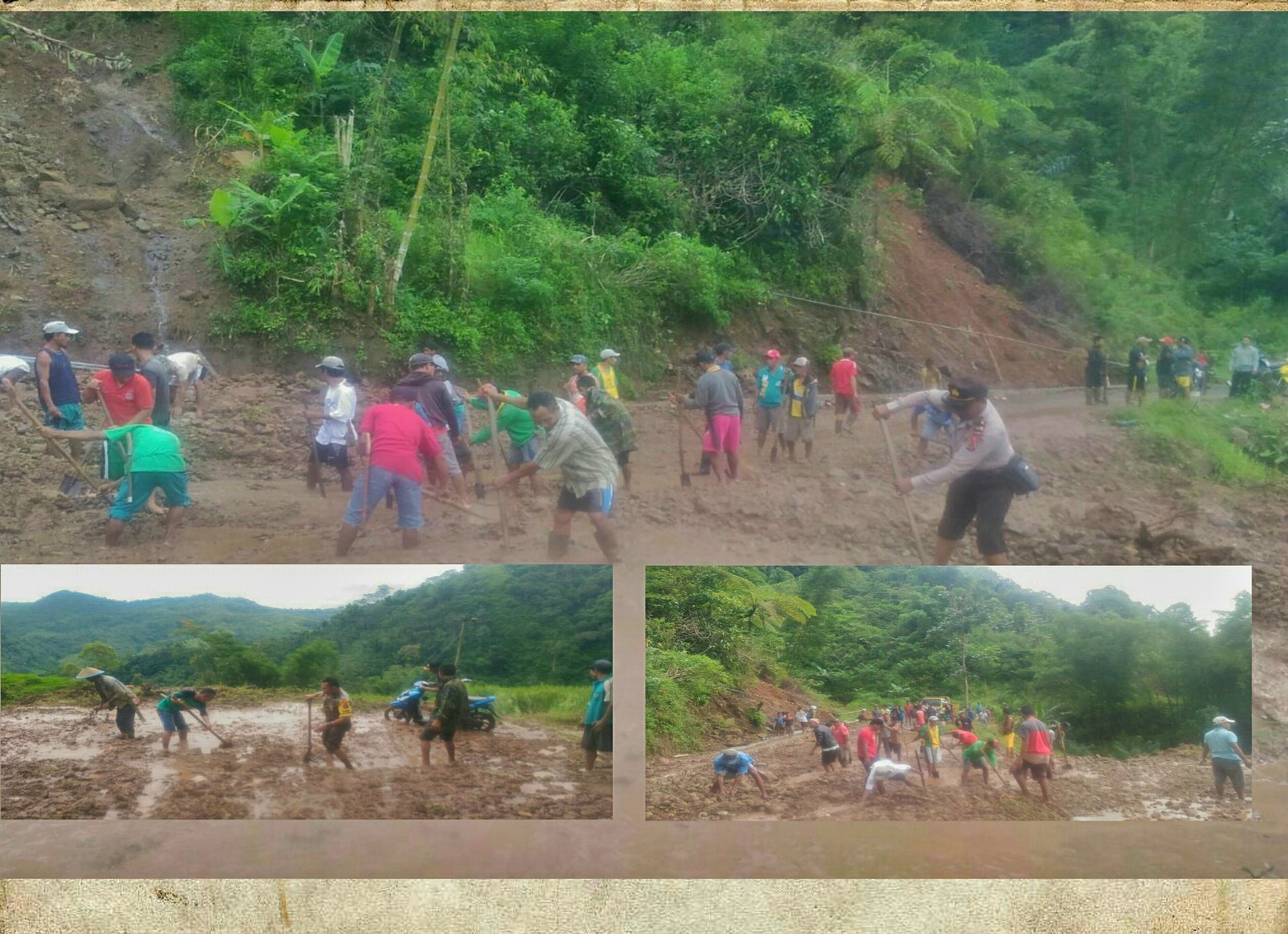 Kapolsek Kuwus dan Bhabinkamtibmas Desa Compang Suka bersama warga membersihkan material longsor yang menutupi jalan